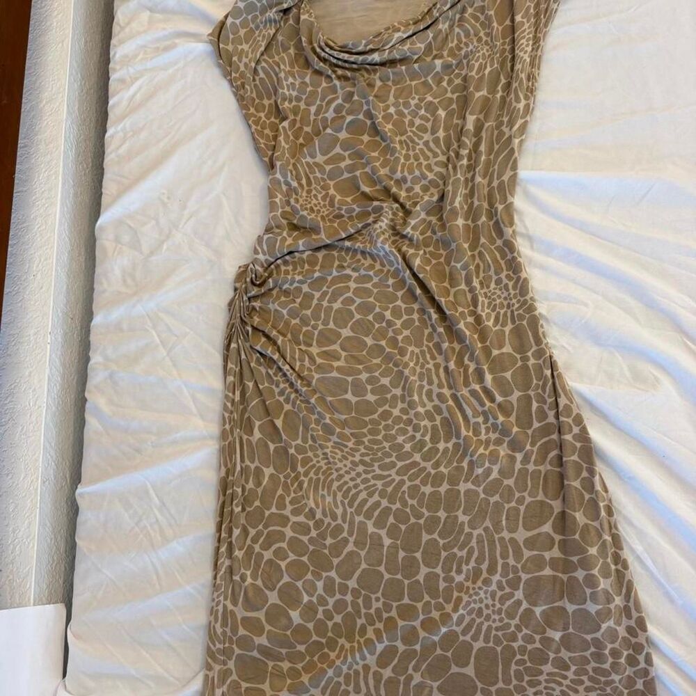 MICHAEL Michael Kors Taupe Stone Print Cowl Neck Ruched Bodycon Midi Dress M